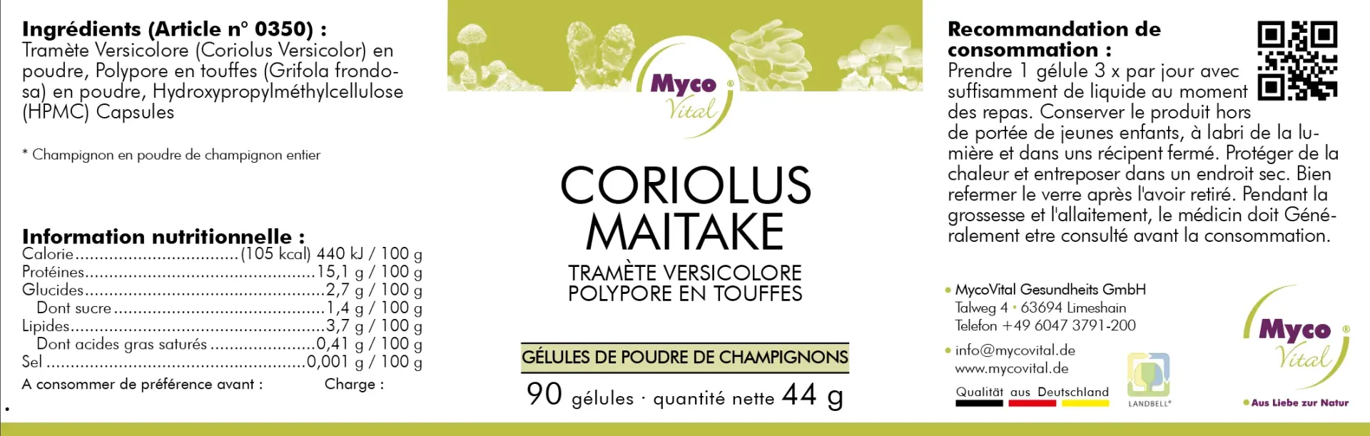 MycoVital – Étiquette pour MycoVital Coriolus Maitake Reishi – gélules de poudre de champignons biologiques. Les informations comprennent les ingrédients, les valeurs nutritionnelles, les conseils d’utilisation, les conditions de conservation, les informations sur l’entreprise et les certifications. L’emballage est blanc avec des accents verts et violets.
