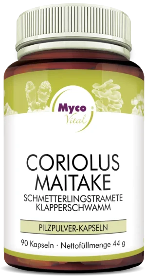 MycoVital_ Eine braune Flasche mit der Aufschrift Myco Vital Coriolus Maitake Bio-Pilzpulver-Kapseln enthält 90 Kapseln mit Pilzpulver. Auf dem Etikett sind Abbildungen von Pilzen und Zertifizierungslogos abgebildet.