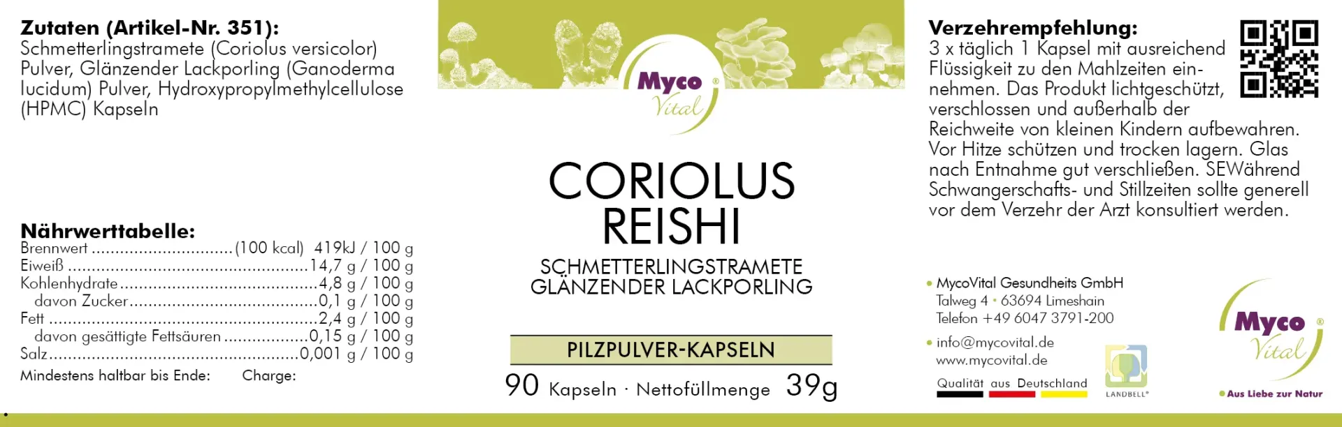 MycoVital_ Etichetta del prodotto MycoVital Coriolus Reishi in capsule, con ingredienti, valori nutrizionali, istruzioni per il dosaggio e informazioni di contatto. Lo sfondo è bianco con accenti verdi e gialli e una grafica di funghi.
