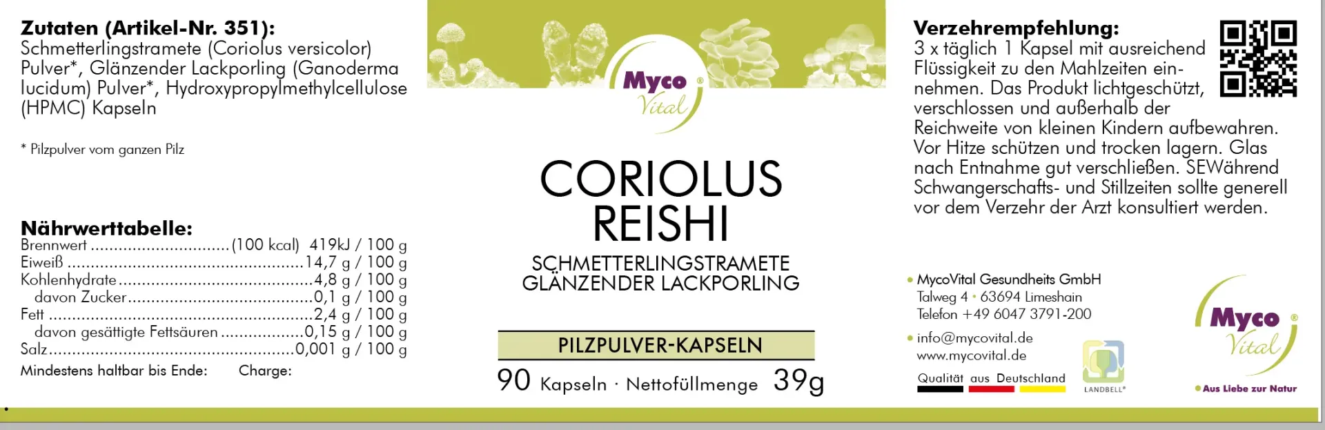 MycoVital_ Étiquette du produit Coriolus Reishi Pilzpulver-Kapseln de Myco Vital, indiquant les ingrédients, les valeurs nutritionnelles, les instructions d'utilisation, le contact avec le fabricant et un logo avec des champignons sur un fond jaune.