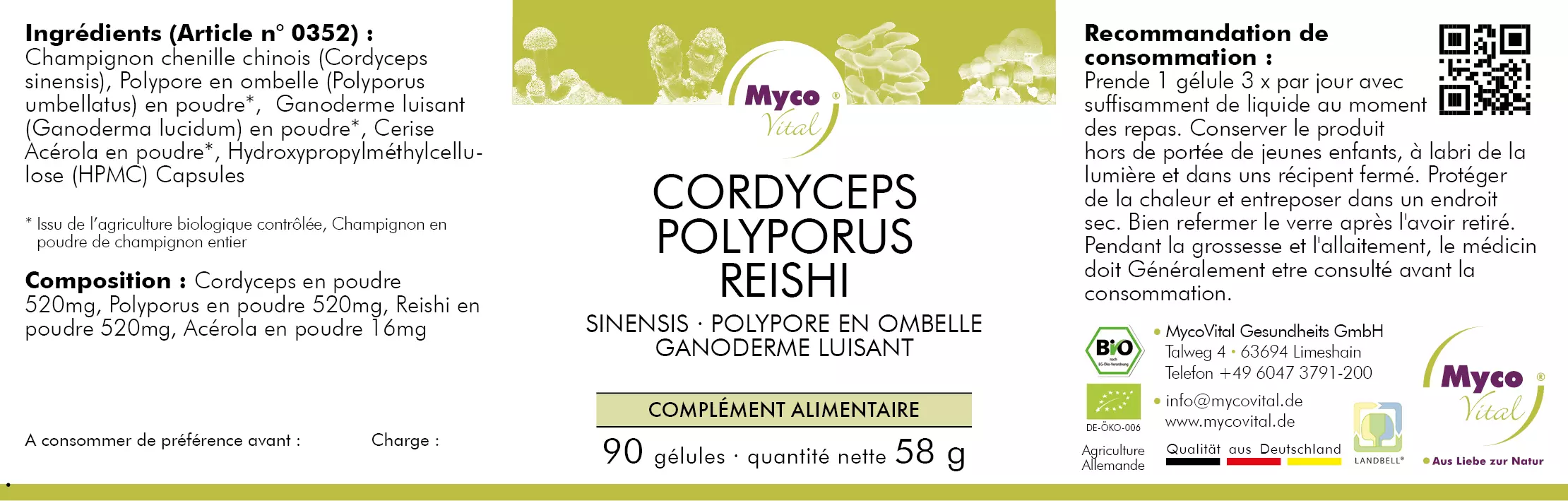 MycoVital_ Étiquette du complément alimentaire MycoVital Cordyceps Polyporus Reishi, indiquant les ingrédients, les informations nutritionnelles, les instructions de dosage, les coordonnées et le code QR. L'étiquette est principalement blanche avec des accents violets, verts et jaunes.