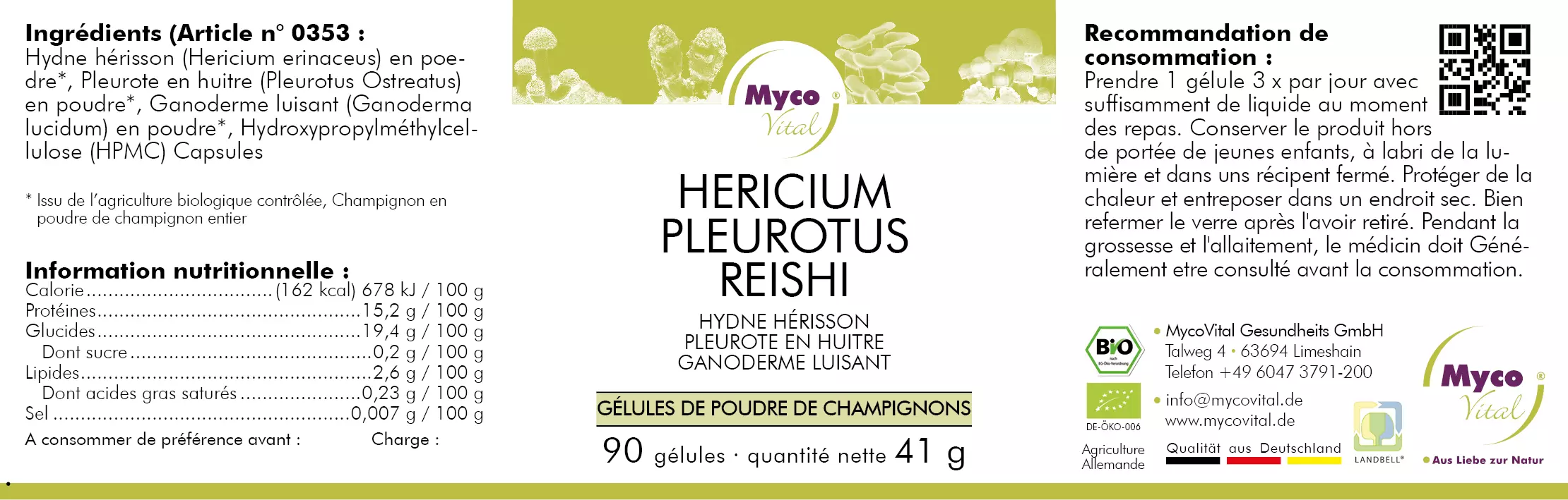MycoVital_ Étiquette frontale de l'emballage des gélules de MycoVital Hericium Pleurotus Reishi, énumérant les ingrédients, les valeurs nutritionnelles, les instructions de dosage et les logos de certification, avec un design vert et blanc et 90 gélules par emballage.
