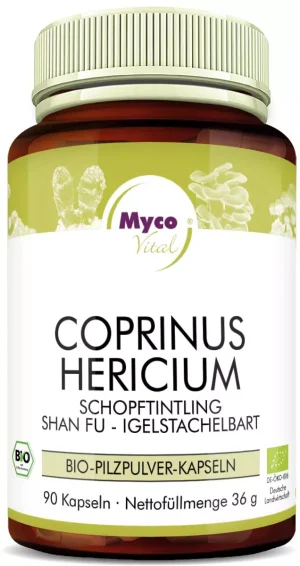 MycoVital_ Eine braun-weiße Flasche mit der Aufschrift Coprinus Hericium von Myco Vital, auf der Bilder von Pilzen abgebildet sind. Auf dem Etikett steht Bio-Pilzpulver-Kapseln, es enthält 90 Kapseln und hat eine deutsche Bio-Zertifizierung.