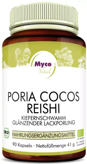 MycoVital_ Eine Flasche des Nahrungsergänzungsmittels MycoVital mit der Bezeichnung Poria Cocos Reishi, die 90 Kapseln enthält. Das Etikett zeigt grüne, weiße und gelbe Farben, Pilzbilder und Informationen in deutscher Sprache.
