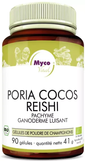 MycoVital_ Un pot de complément alimentaire MycoVital Poria Cocos Reishi avec un couvercle vert, une étiquette blanc-vert et des illustrations de champignons. Le pot contient 90 gélules et pèse 41 g.