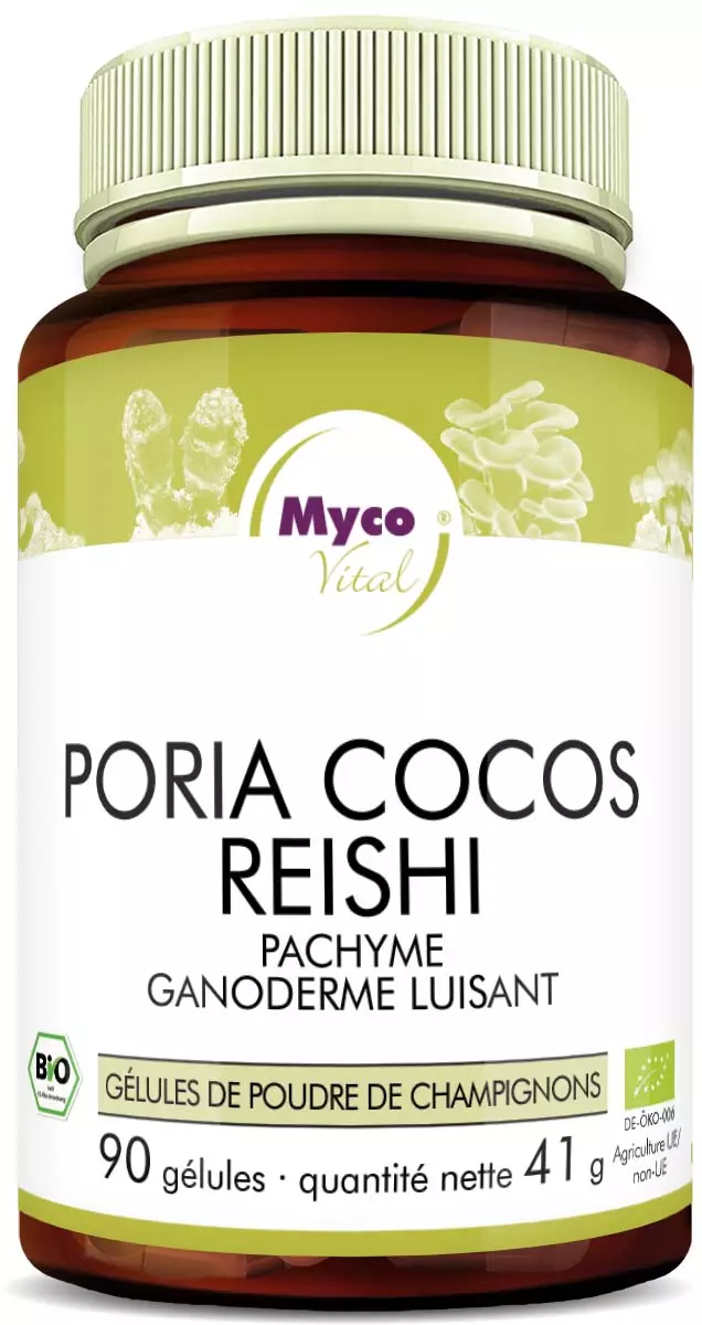 MycoVital_ Un pot de complément alimentaire MycoVital Poria Cocos Reishi avec un couvercle vert, une étiquette blanc-vert et des illustrations de champignons. Le pot contient 90 gélules et pèse 41 g.