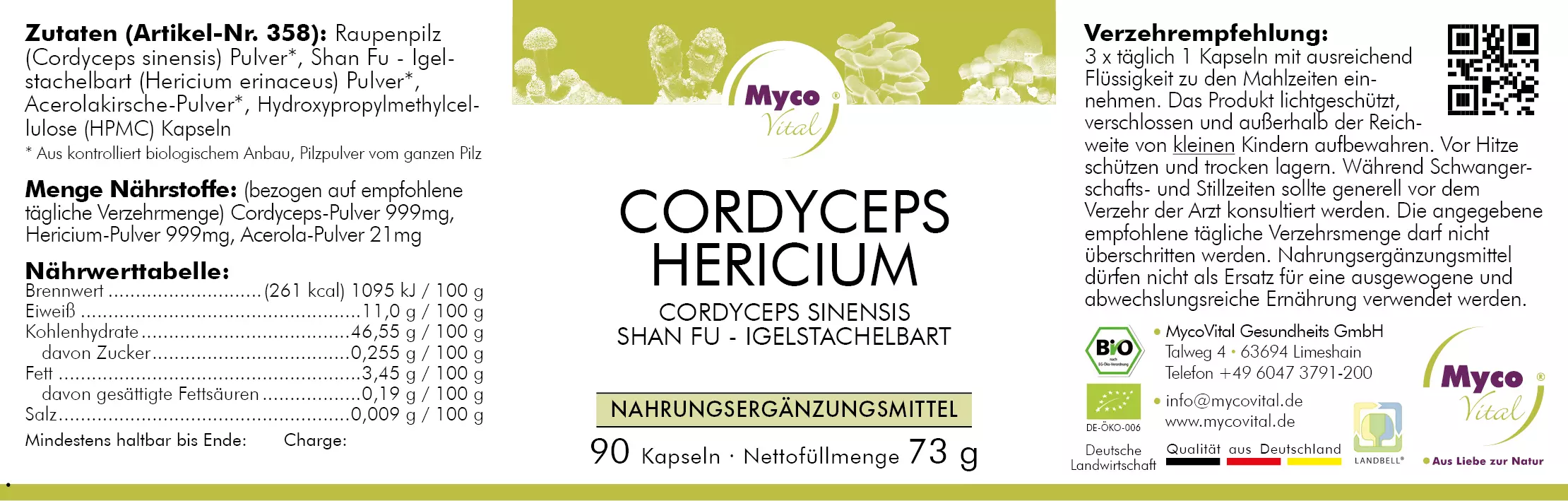 MycoVital_ Etikett für das Nahrungsergänzungsmittel MycoVital Cordyceps Hericium mit Angaben zu Inhaltsstoffen, Nährwerten, Verwendungshinweisen, Zertifizierungen und Produktinformationen in deutscher Sprache; im Hintergrund sind gelbe und grüne Pilzabbildungen zu sehen.