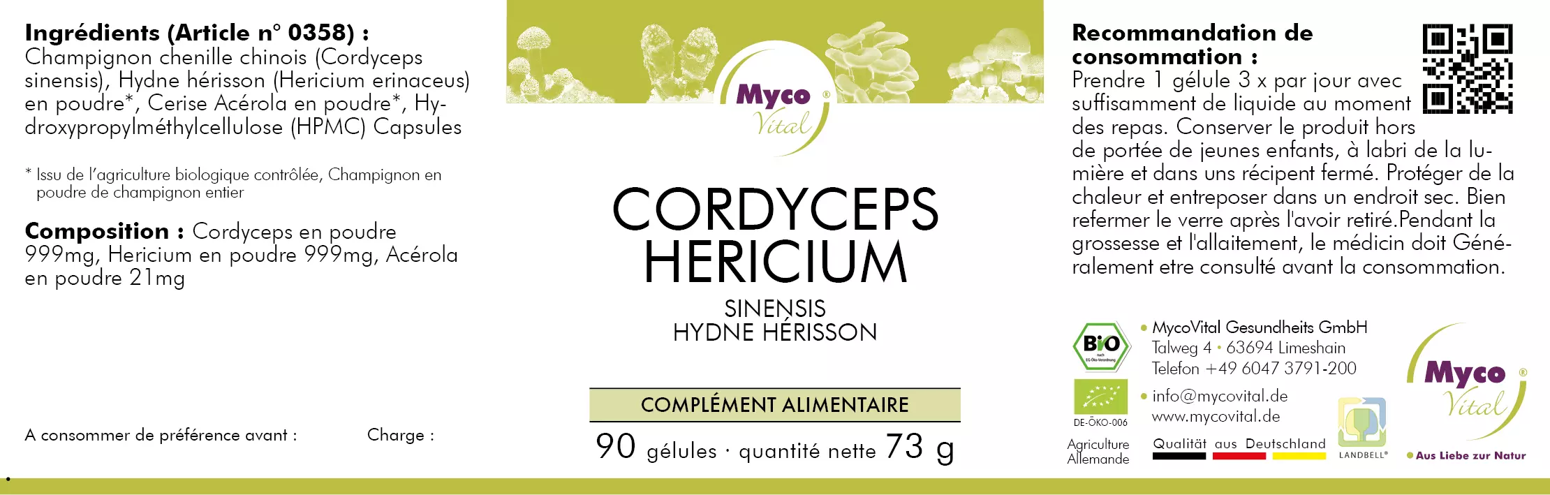 MycoVital_ Étiquette allemande d'un complément alimentaire à base de Cordyceps Hericium, comprenant les ingrédients, les informations nutritionnelles, les instructions de dosage et les logos de certification. Le fond est blanc avec des accents jaunes et verts et des images de champignons.