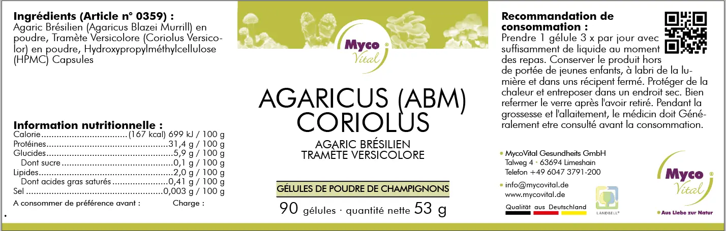 MycoVital_ Étiquette pour les gélules de champignon Coriolus d'ABM, comportant des informations nutritionnelles, l'usage recommandé, les ingrédients et les coordonnées. L'emballage est blanc avec des accents violets, verts et jaunes et contient 90 gélules (53g).
