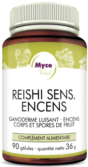 MycoVital_ Une bouteille brune étiquetée Myco Vital Reishi Sens. Weihrauch avec des images de champignons. L'étiquette indique qu'il s'agit d'un complément alimentaire de 90 gélules, contenant du champignon reishi et de l'encens.