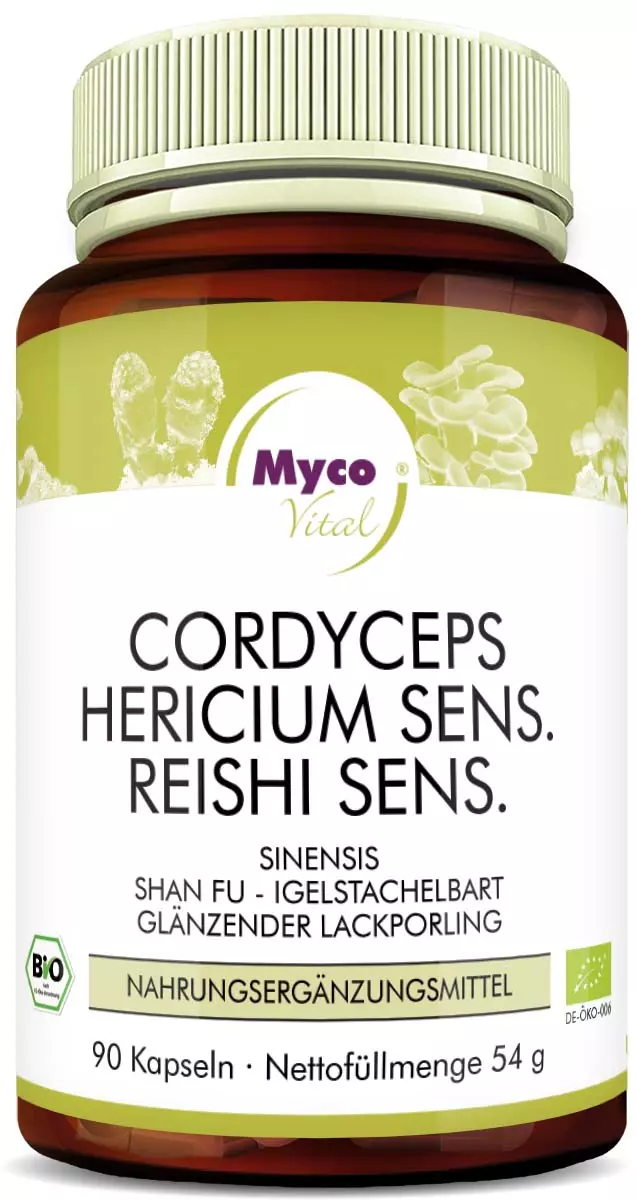MycoVital_ Eine braune Flasche mit der Aufschrift Myco Vital, die Ergänzungsmittel aus Cordyceps, Hericium und Reishi enthält. Das Etikett zeigt Abbildungen von Pilzen und einen deutschen Text, der die Zutaten und den Inhalt beschreibt: 90 Kapseln, 54 g.