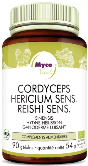 MycoVital_ Un flacon brun étiqueté Myco Vital contenant 90 gélules de suppléments de champignons Cordyceps, Hericium et Reishi. L'étiquette comporte un texte en allemand et un symbole BIO vert.