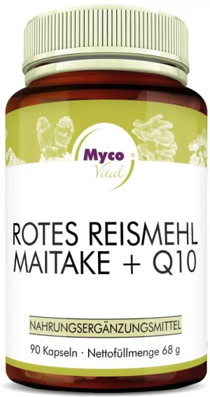 MycoVital_ Eine braune Flasche mit der Aufschrift ROTRES REISMEHL MAITAKE + Q10 und dem Myco-Vital-Logo, die 90 Kapseln eines Nahrungsergänzungsmittels enthält, Nettogewicht 68 g.