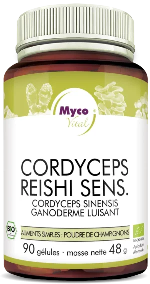 MycoVital_ Un pot étiqueté Myco Vital Cordyceps Reishi Sens, contenant 90 gélules de poudre de champignons, avec des images de champignons et des accents verts sur l'étiquette.