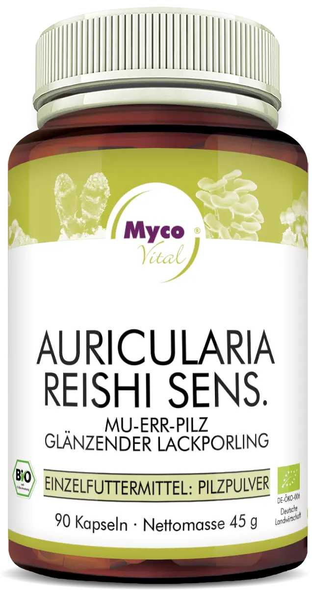 MycoVital_ Il barattolo marrone e bianco Myco Vital Auricularia Reishi Sens. contiene 90 capsule di polvere di funghi, con accenti verdi e oro e immagini di funghi sull'etichetta.