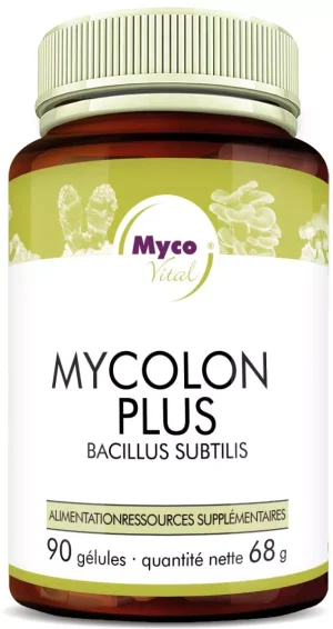 MycoVital_ Un flacon brun étiqueté Mycolon Plus Bacillus Subtilis de Myco Vital, contenant 90 gélules de complément alimentaire (Nahrungsergänzungsmittel), avec un couvercle vert et des images de champignons en arrière-plan.