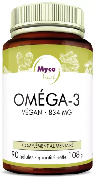 MycoVital_ Un flacon brun étiqueté Myco Vital Omega 3 Vegan 834 mg contient 90 gélules et a un poids net de 108 g. L'étiquette présente des champignons verts et indique qu'il s'agit d'un complément alimentaire en allemand.