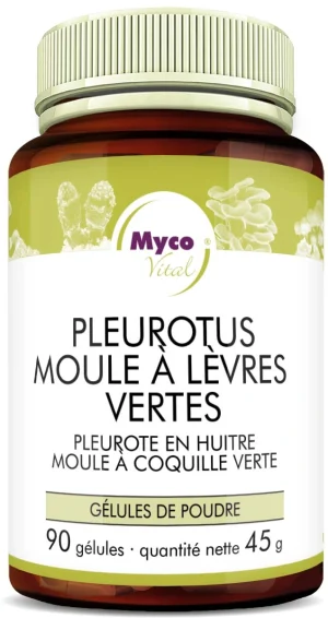 MycoVital_ Un flacon brun et blanc étiqueté Pleurotus Grünlipp by MycoVital, contenant 90 gélules de mélange de poudre de champignons et de moules à lèvres vertes, avec des images de champignons sur l'étiquette.