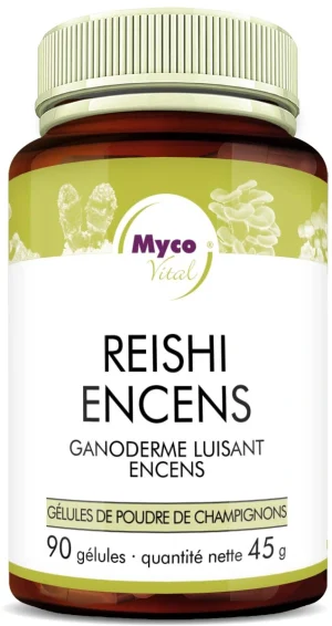 MycoVital_ Un flacon brun étiqueté REISHI WEIHRAUCH contient 90 gélules de poudre de champignons bio. L'étiquette comporte des images de champignons et un texte en allemand, avec un dessin vert et blanc et la marque Myco Vital.