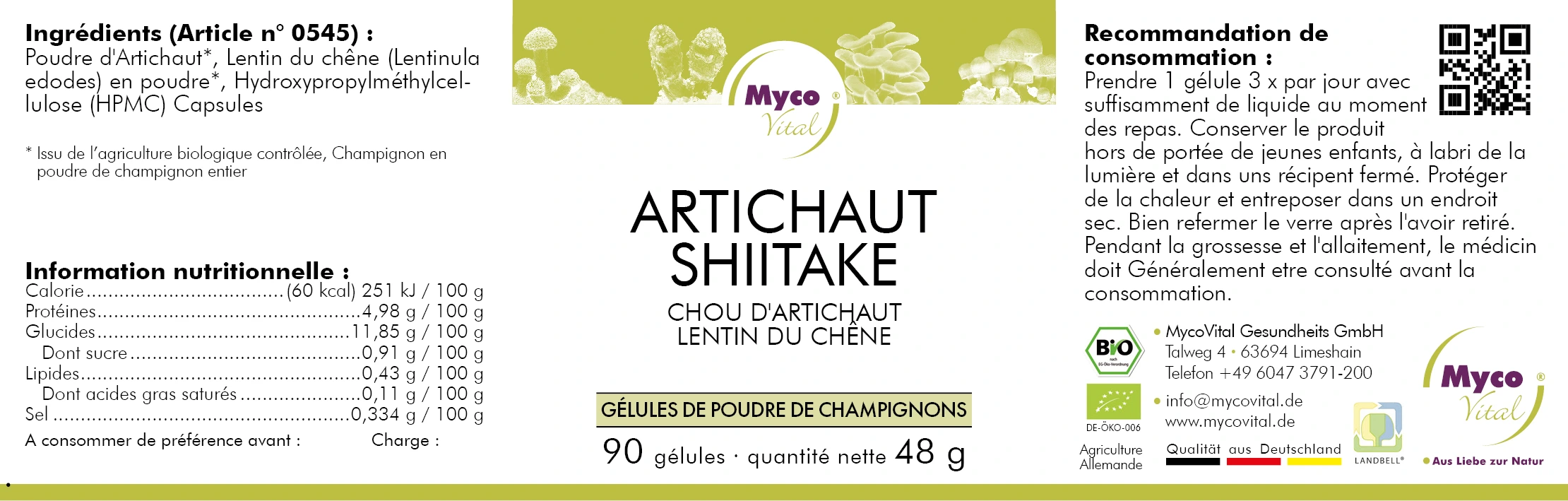 MycoVital_ Étiquette de produit pour les gélules Artischocke Shiitake indiquant les ingrédients, les données nutritionnelles, les instructions de dosage, les certifications et les informations de contact. L'étiquette est principalement blanche avec des accents verts et jaunes et comprend un code QR.