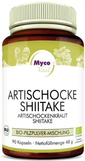 MycoVital_ Eine braune Dose mit der Aufschrift Artischocke Shiitake und deutschem Text, die 90 Kapseln einer Mischung aus Artischocken- und Shiitake-Pilzpulver enthält. Auf dem Etikett sind grüne Akzente und oben eine Abbildung von Pilzen zu sehen.