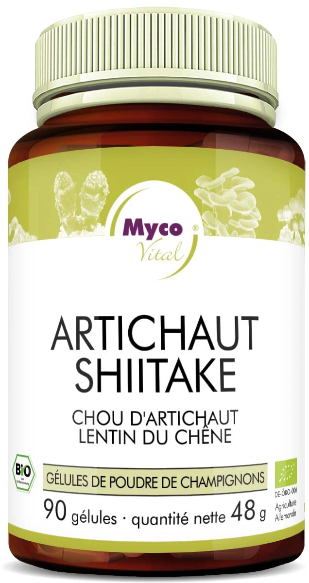 MycoVital_ Une bouteille en plastique marron étiquetée Artischocke Shiitake by MycoVital, contenant 90 gélules d'un mélange de poudre d'herbe d'artichaut et de shiitake. L'étiquette porte également des logos de certification biologique et allemande.