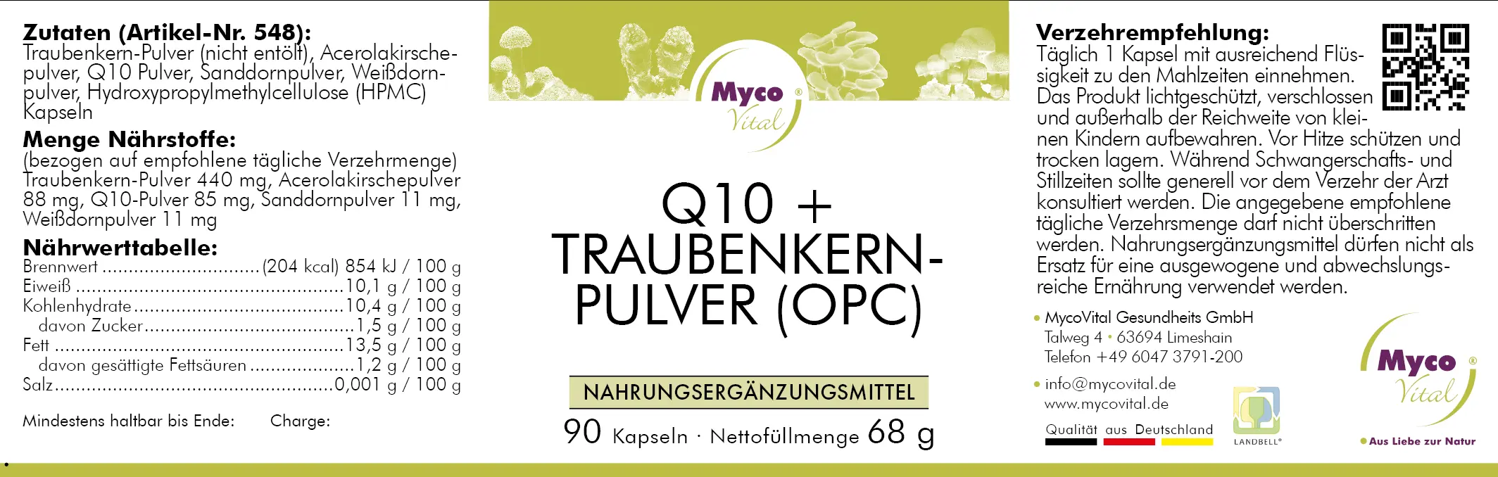 MycoVital_ Etikett für das Nahrungsergänzungsmittel Q10 + Traubenkernpulver (OPC) von MycoVital mit Inhaltsstoffen, Nährwertangaben, Dosierung und Anwendungshinweisen in deutscher Sprache. Die Packung enthält 90 Kapseln, Nettogewicht 68g.