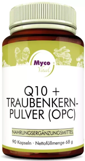 MycoVital_ Eine braune Nahrungsergänzungsflasche mit der Aufschrift Myco Vital Q10 + Traubenkernpulver (OPC) mit 90 Kapseln und einem Nettogewicht von 68 g. Das Etikett enthält "Nahrungsergänzungsmittel" und Bilder von Trauben und Pulver im Hintergrund.