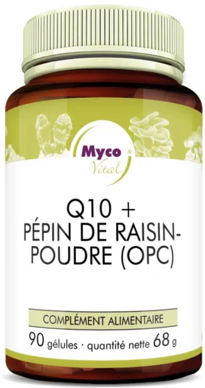 MycoVital_ Un flacon brun étiqueté Q10 + Traubenkernpulver (OPC) de Myco Vital, contenant 90 gélules et pesant 68 grammes. L'étiquette mentionne également Nahrungsergänzungsmittel (complément alimentaire en allemand).