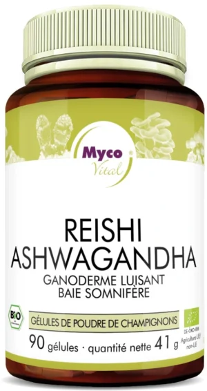 MycoVital_ Une bouteille brune étiquetée Myco Vital Reishi Ashwagandha avec des accents verts, indiquant qu'elle contient 90 gélules d'un mélange de poudre de champignons bio, avec un texte en allemand et des logos de certification sur l'étiquette.