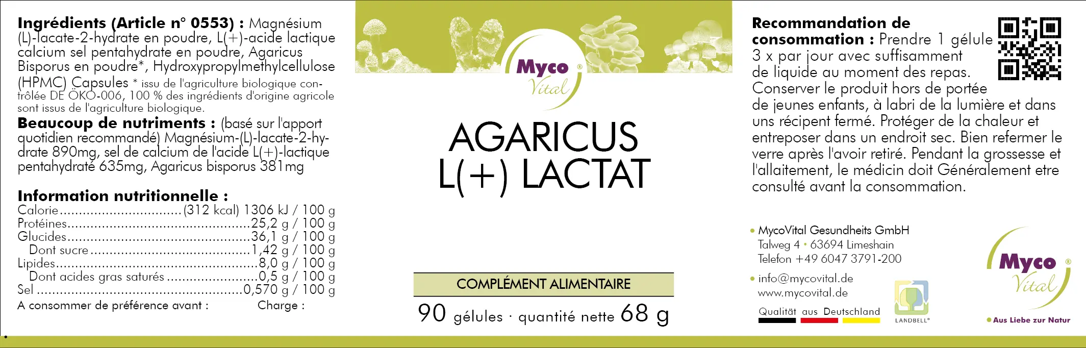 MycoVital_ Étiquette d'un complément alimentaire appelé Agaricus L(+) Lactat avec 90 gélules. L'étiquette énumère les ingrédients, les valeurs nutritionnelles, la posologie recommandée, les coordonnées de la société, et présente une palette de couleurs jaune et violet.