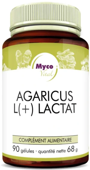 MycoVital_ Un flacon brun et blanc étiqueté Myco Vital Agaricus L(+) Lactat, contenant 90 gélules. L'étiquette indique également Nahrungsergänzungsmittel et Nettfüllmenge 68g en allemand. Des images de champignons verts apparaissent sur l'étiquette.