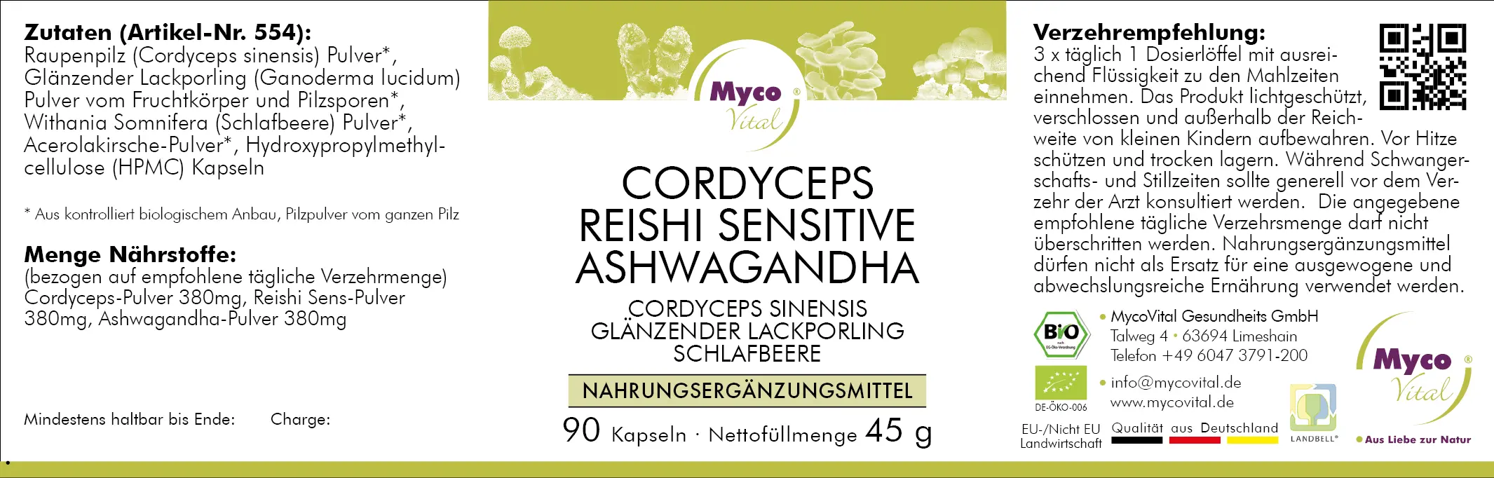 MycoVital_ Ein Produktetikett für Myco Vital Cordyceps Reishi Sensitive Ashwagandha Kapseln zeigt Inhaltsstoffe, Nährwertangaben, Dosierungsanweisungen und Zertifizierungen auf einem weißen Hintergrund mit lila und grünen Akzenten.