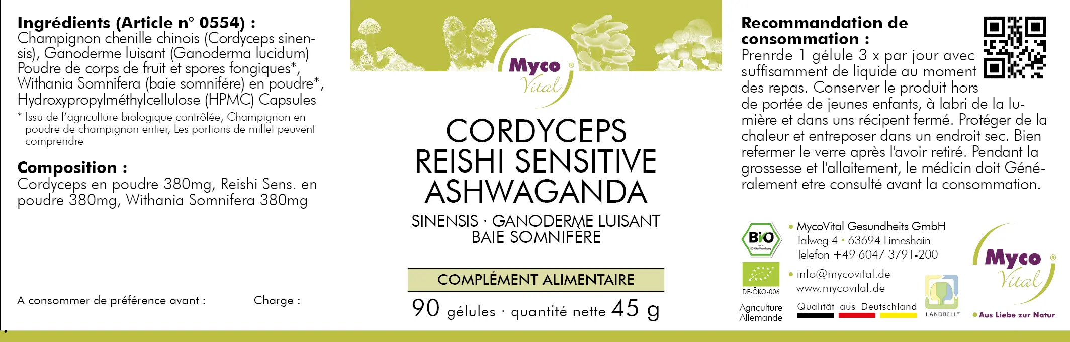MycoVital_ Étiquette de produit pour les gélules de Cordyceps Reishi Sensitive Ashwagandha de MycoVital, énumérant les ingrédients, les informations nutritionnelles, la posologie, les avertissements, les logos de certification et les instructions de conservation. L'étiquette a des accents verts et violets.