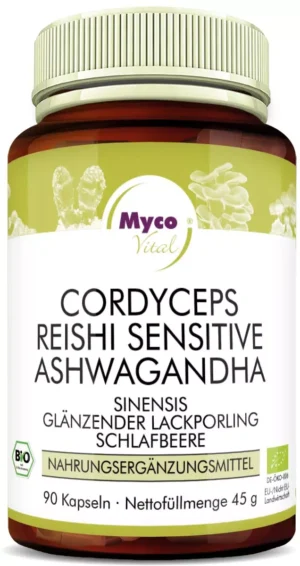 MycoVital_ Eine braune Flasche Myco Vital mit einem Etikett, auf dem Cordyceps, Reishi Sensitive und Ashwagandha aufgeführt sind. Das Etikett enthält deutschen Text, ein grünes BIO-Logo und gibt 90 Kapseln, 45g Nettogewicht an.