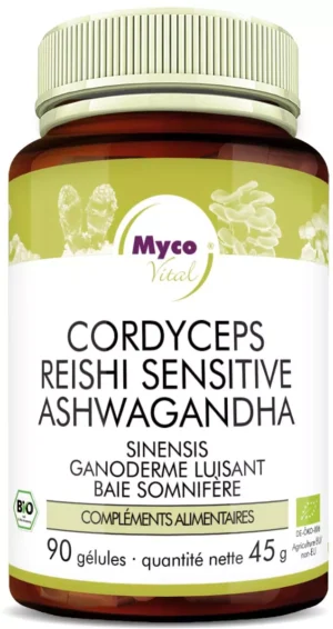 MycoVital_ Une bouteille étiquetée "Myco Vital" contenant 90 gélules d'un complément alimentaire à base de Cordyceps, Reishi et Ashwagandha. L'étiquette est essentiellement blanche avec des accents verts et un texte en allemand.