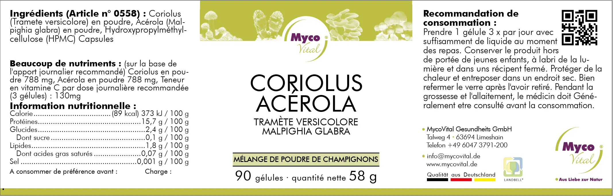 MycoVital_ Étiquette d'un complément alimentaire appelé Coriolus Acerola par MycoVital. L'étiquette détaille les ingrédients, les valeurs nutritionnelles, la posologie et les informations de contact. L'emballage contient 90 gélules, poids net 58g.