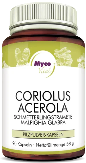 MycoVital_ Eine braune Flasche mit der Aufschrift Myco Vital Coriolus Acerola, mit deutschem Text und Abbildungen von Pilzen auf einem weißen und grünen Hintergrund. Die Flasche enthält 90 Kapseln und wiegt 58 Gramm.