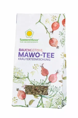 MycoVital_ Eine weiße Packung der Kräuterteemischung SonnenMoor Bauchgefühl Mawo-Tee, verziert mit Abbildungen von Granatäpfeln und grünen Blättern, mit einem kleinen transparenten Fenster, das den Tee im Inneren zeigt.