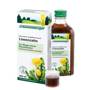 Set aus Schoenenberger ‚Löwenzahn‘ Heilpflanzensaft: Kartonverpackung, Glasflasche und Messbecher mit braunem Saft, freigestellt auf weißem Hintergrund.