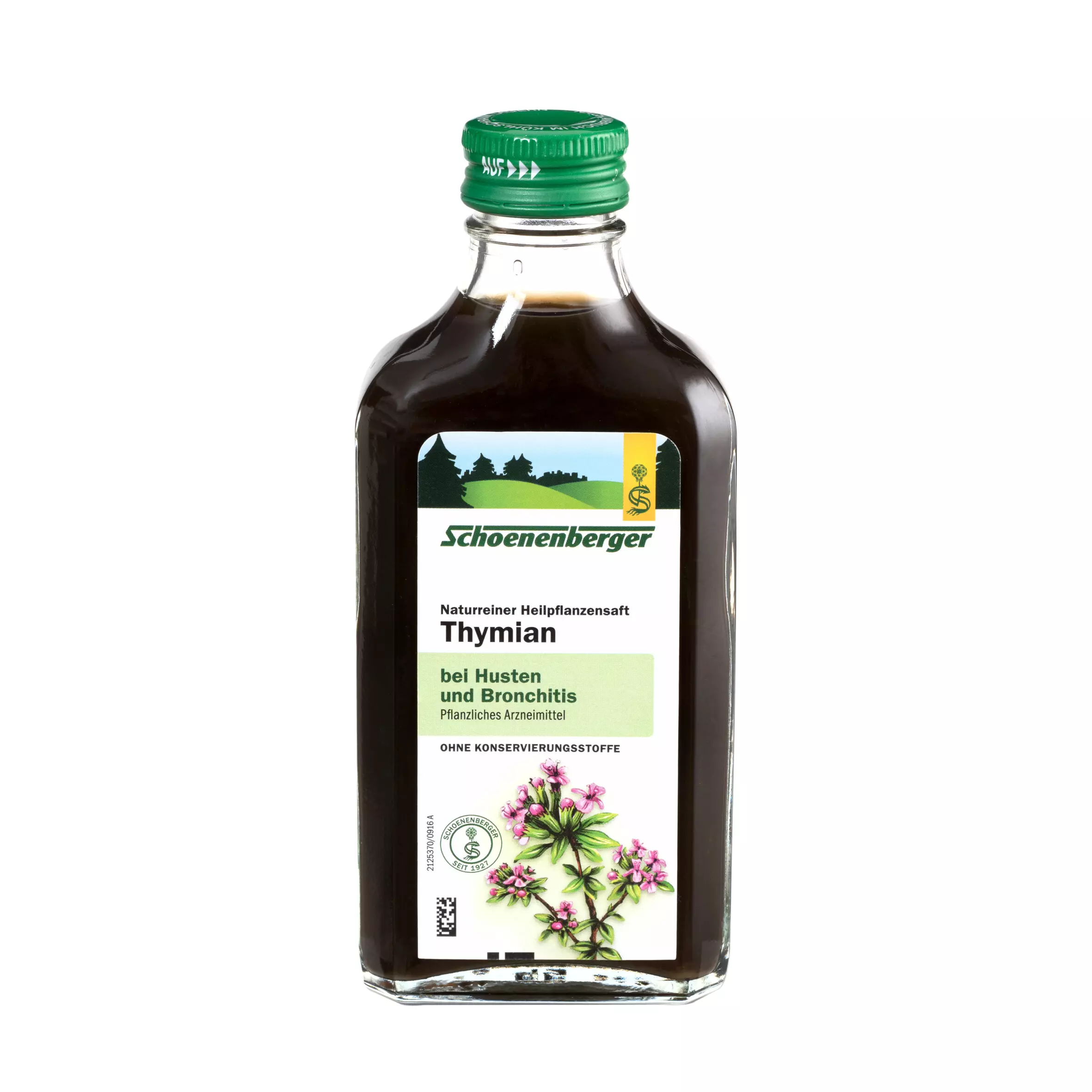 Glasflasche von Schoenenberger ‚Thymian‘ naturreiner Heilpflanzensaft mit grünem Schraubverschluss, Etikett mit Blütenillustration und Text ‚bei Husten und Bronchitis‘, freigestellt auf weißem Hintergrund.