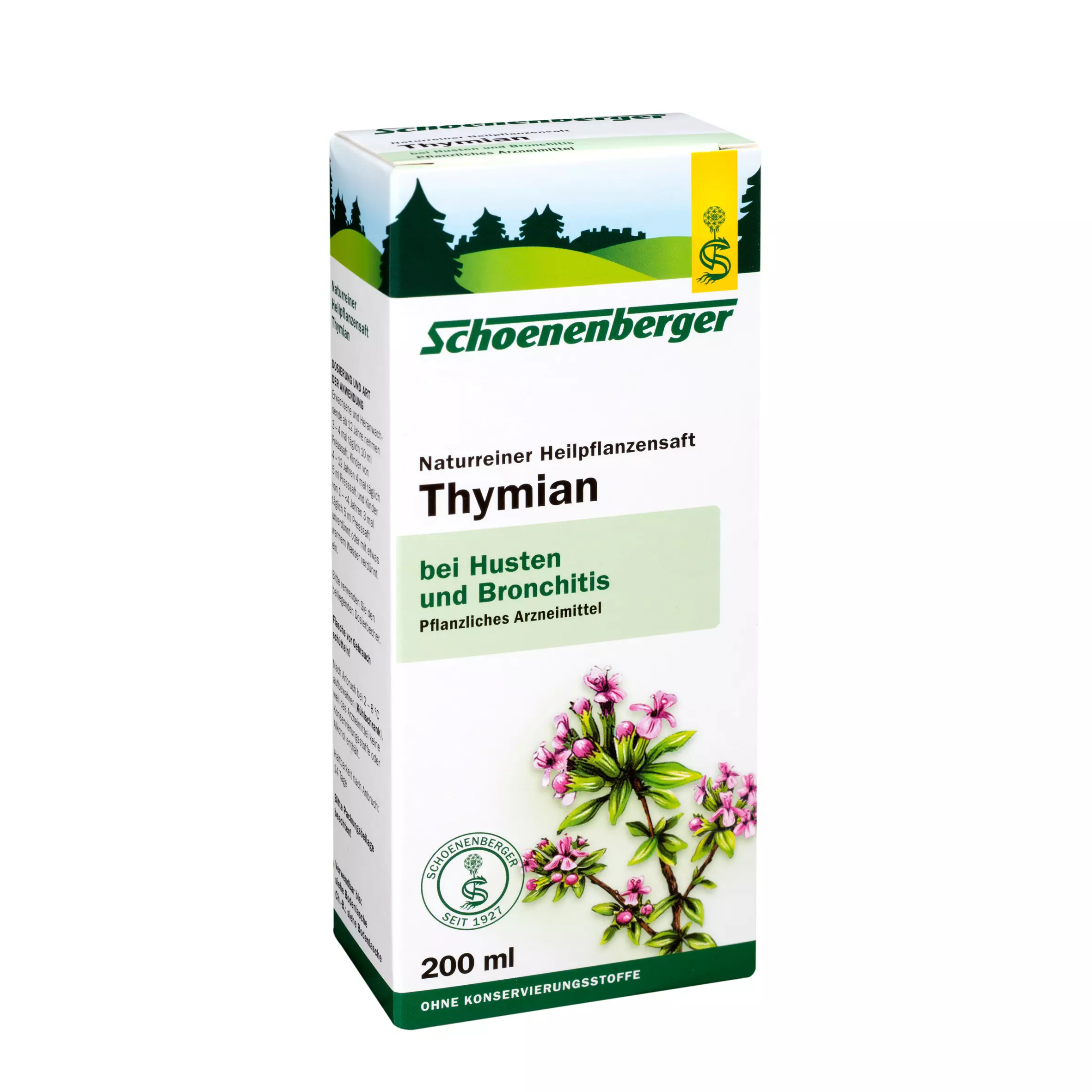 Produktverpackung von Schoenenberger ‚Thymian‘ – naturreiner Heilpflanzensaft in Kartonverpackung mit Pflanzenillustration, Hinweis ‚bei Husten und Bronchitis‘ und Inhalt 200 ml, freigestellt auf weißem Hintergrund.