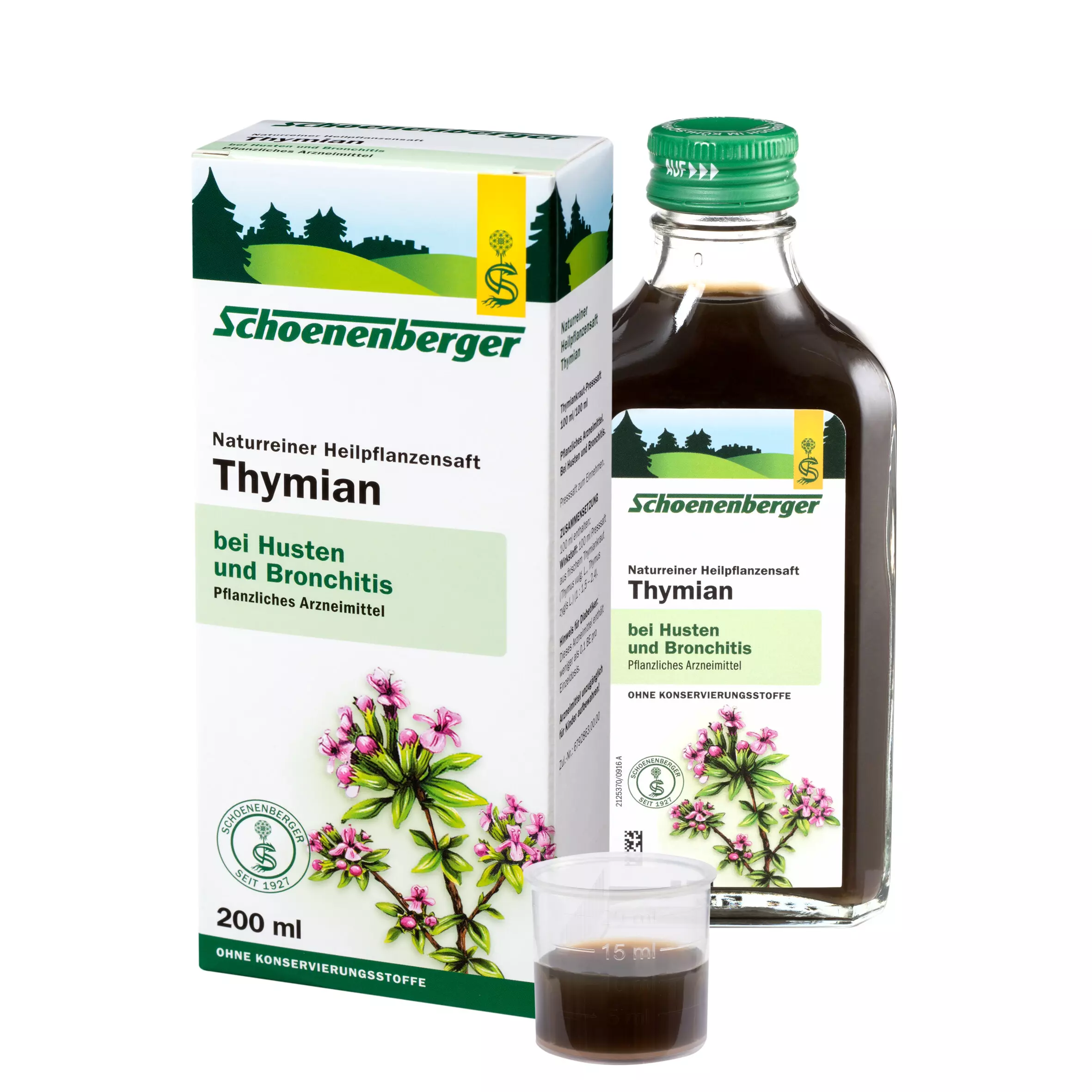 Set aus Schoenenberger ‚Thymian‘ Heilpflanzensaft: Kartonverpackung, Glasflasche und Messbecher mit dunklem Saft, freigestellt auf weißem Hintergrund.