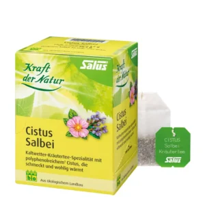 „Verpackung ‚Cistus Salbei Kräutertee‘ von Salus (Kraft der Natur) in gelb-grünem Karton mit Pflanzenillustrationen, daneben ein transparenter Teebeutel und ein grünes Etikett mit der Aufschrift ‚Cistus Salbei Kräutertee‘, freigestellt auf weißem Hintergrund.