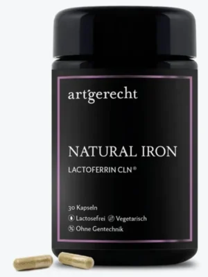 Natural Iron + Lactoferrin CLN Clean – Glas mit 30 vegetarischen Kapseln zur natürlichen Eisenversorgung, kombiniert aus pflanzlichem Curryblatt-Eisen, hochreinem Lactoferrin CLN® und Vitamin C; Produkt vor weißem Hintergrund, Fokus auf Flasche und Etikett.