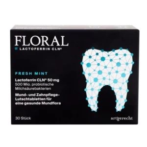FLORAL – Lactoferrin CLN Lutschtabletten mit Minzgeschmack zur Unterstützung einer gesunden Mundflora, Dose mit 30 Lutschpastillen vor weißem Hintergrund, Fokus auf Produktverpackung und Beschriftung.