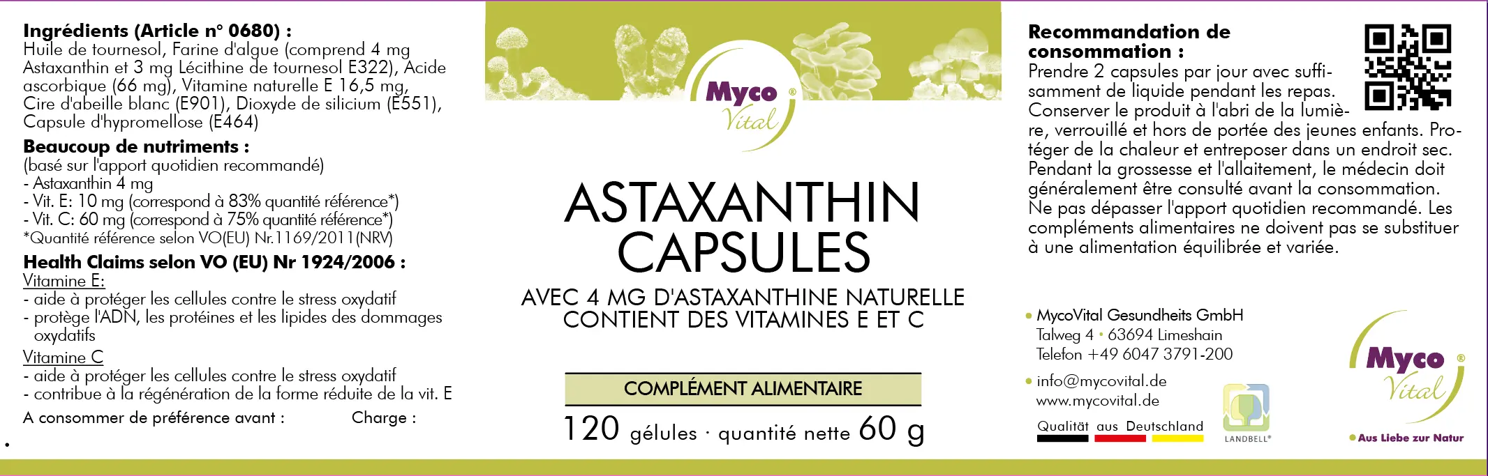 MycoVital_ Étiquette du complément alimentaire Astaxanthin Kapseln, avec les ingrédients, les informations nutritionnelles, le mode d'emploi et les avertissements en allemand. Contient de l'astaxanthine, de la vitamine E, de la vitamine C ; 120 capsules/60g. Logo MycoVital et reflets jaunes.