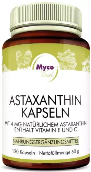 MycoVital_ Eine braune Flasche mit der Aufschrift Astaxanthin Kapseln mit 120 Kapseln, die nat&uuml;rliches Astaxanthin sowie die Vitamine E und C enthalten. Das Etikett ist wei&szlig; mit gr&uuml;nen und goldenen Akzenten und enth&auml;lt einen deutschen Text zum Inhalt.