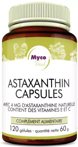 MycoVital_ Une bouteille de complément alimentaire MycoVital Astaxanthin Kapseln, contenant 120 gélules d'astaxanthine naturelle, de vitamines E et C. L'étiquette est blanche et jaune avec des accents verts et violets.