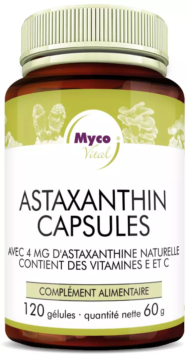 MycoVital_ Une bouteille de complément alimentaire MycoVital Astaxanthin Kapseln, contenant 120 gélules d'astaxanthine naturelle, de vitamines E et C. L'étiquette est blanche et jaune avec des accents verts et violets.